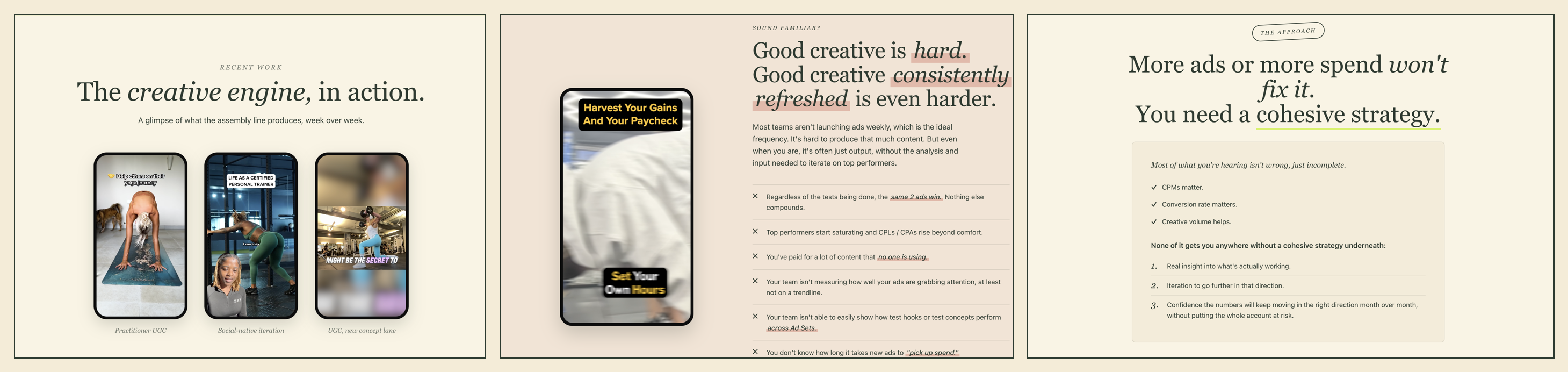 Three screenshots of my own site sections that I pasted into Claude to fix or improve