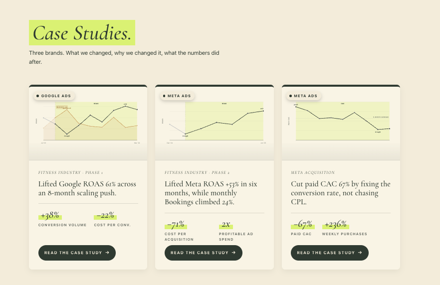 My case studies section with the key result numbers highlighted big and bold so they jump out