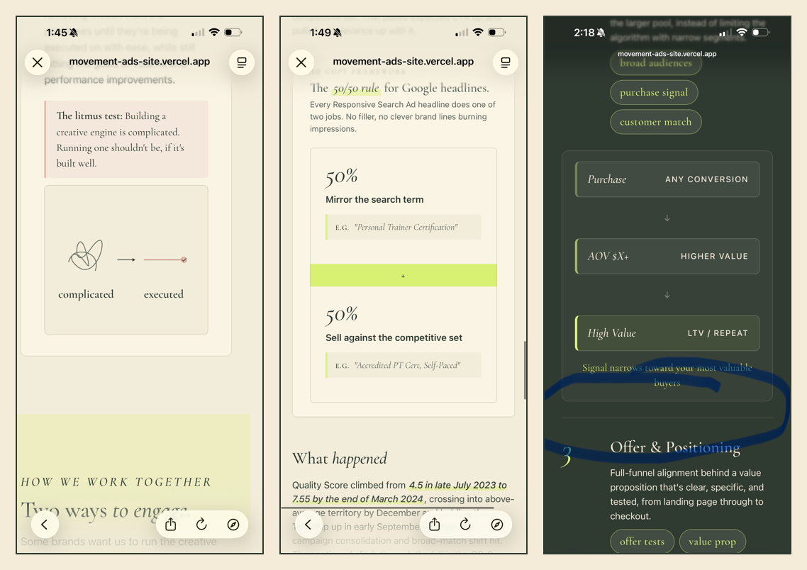 Three of my site pages open on my phone, with notes marking what needed fixing for mobile readability
