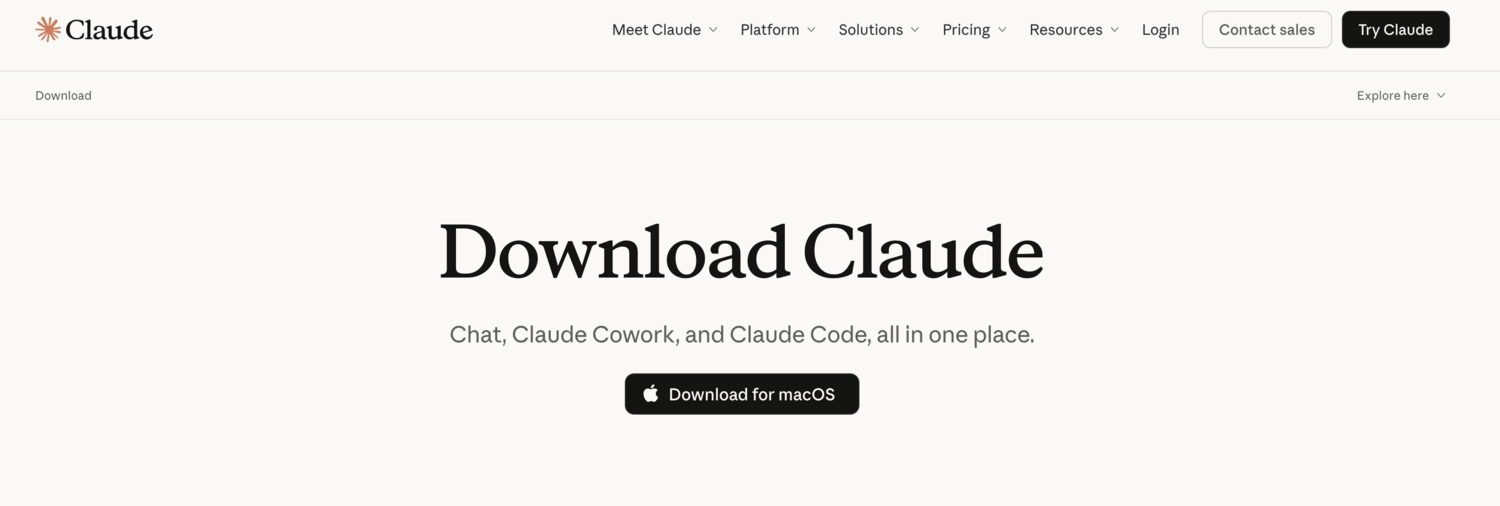 The Claude desktop app download page with a Download for Mac button