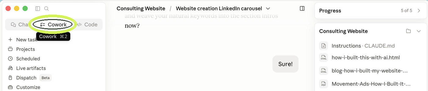 The top of the Claude desktop app with the Cowork tab circled