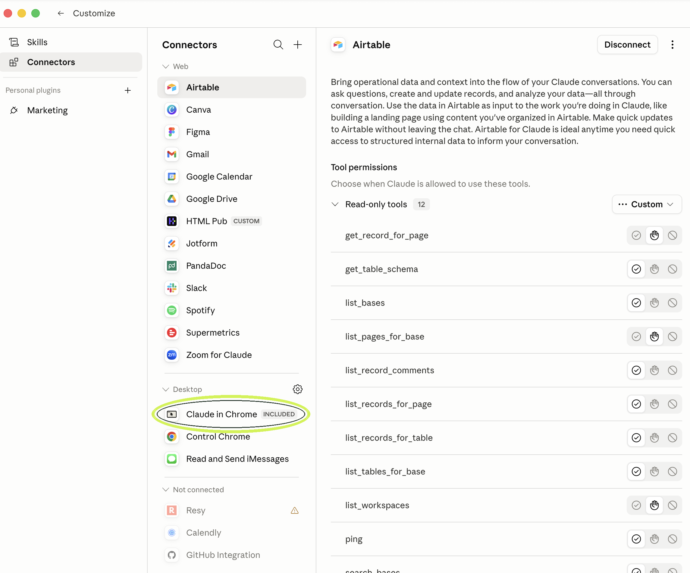 The Connectors screen in the Claude app, with Claude in Chrome circled under the Desktop section