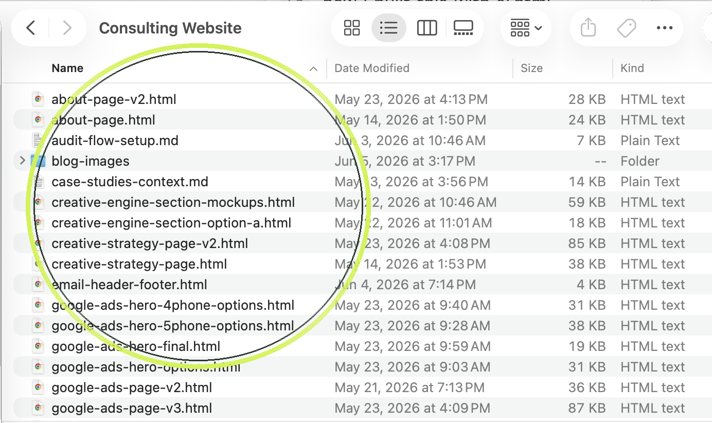 The project folder in Finder with the HTML files circled, each one opens in Chrome as a live preview