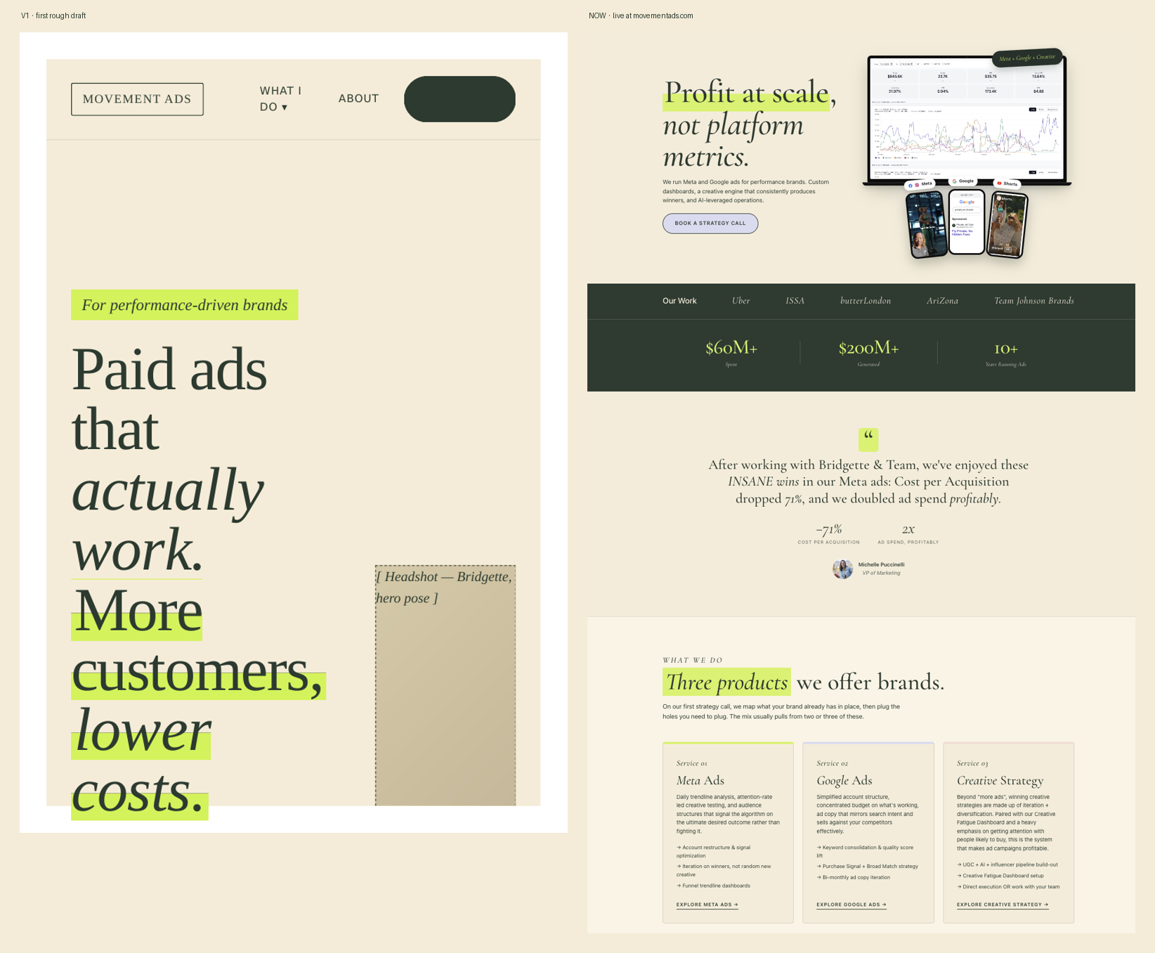 A website's rough first V1 draft next to the polished live version