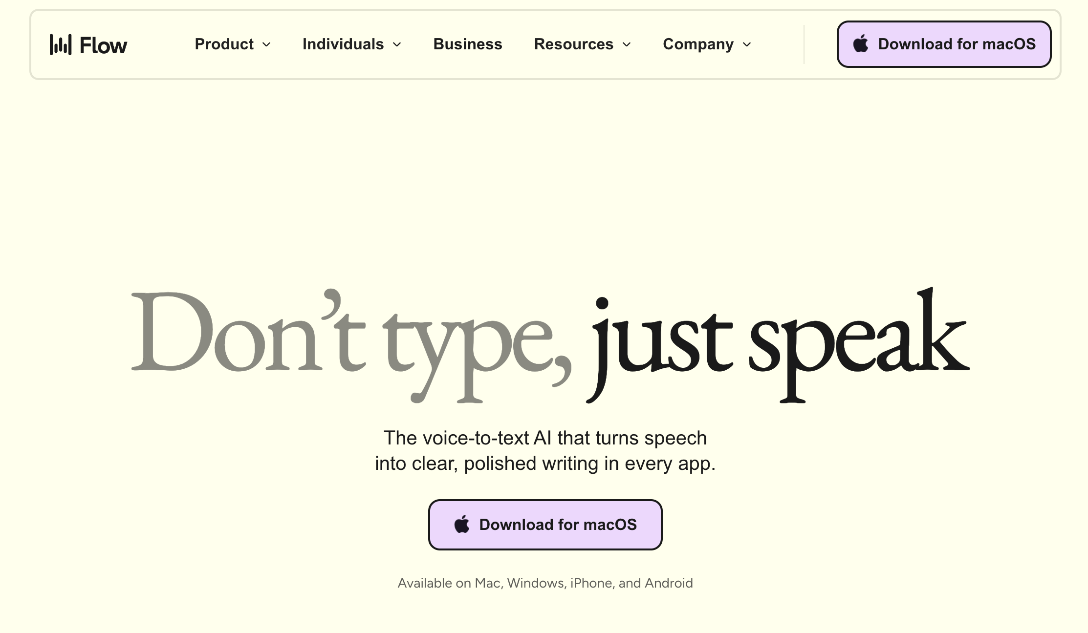 The Wispr Flow page, Don't type just speak, where you download the desktop dictation app