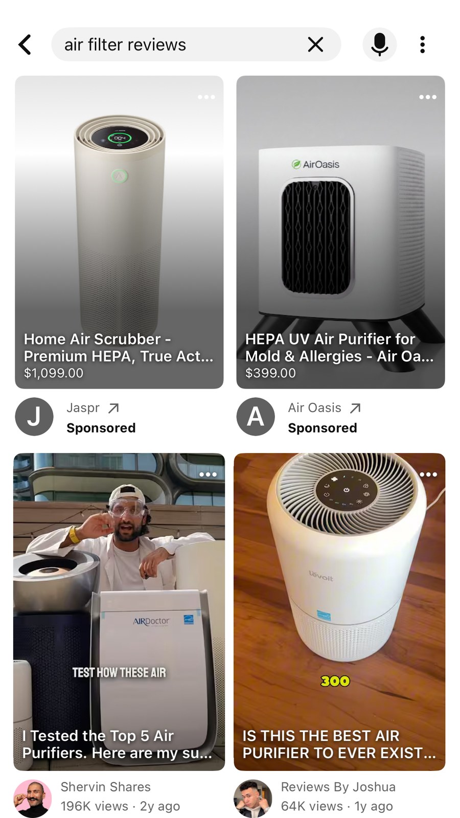 YouTube search results with sponsored product ads